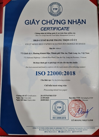 Chứng nhận đạt tiêu chuẩn chất lượng an toàn thực phẩm trong chế biến bánh tráng trộn